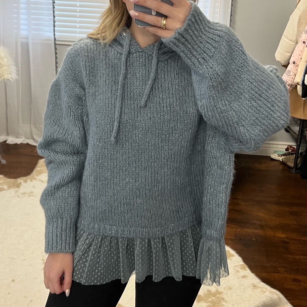 Zara Chunky Knit Hoodie with Tulle Trim